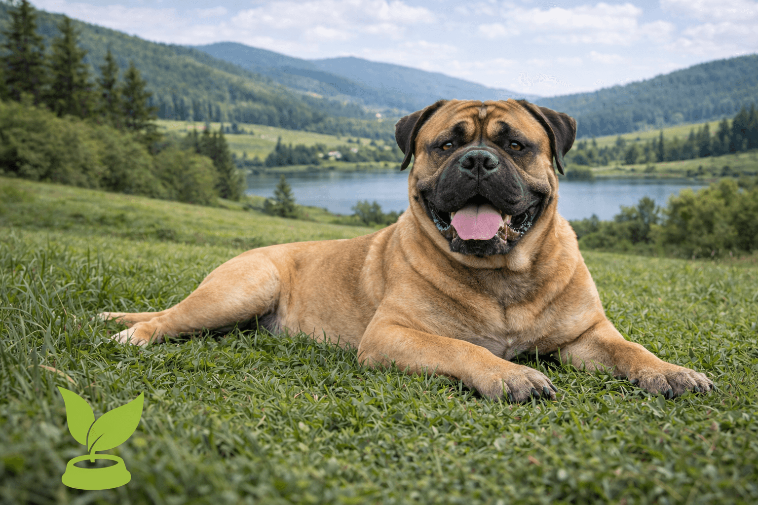 Bullmastiff im Gras liegend mit Reico