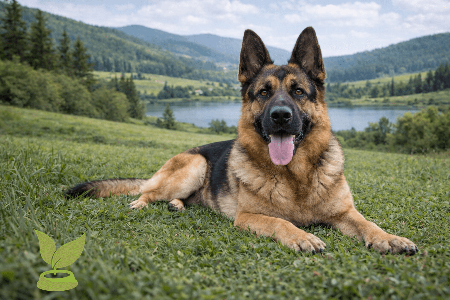 Deutscher Schäferhund im Tal mit Reico im Magen Deutscher Schäferhund im Tal mit Reico im Magen