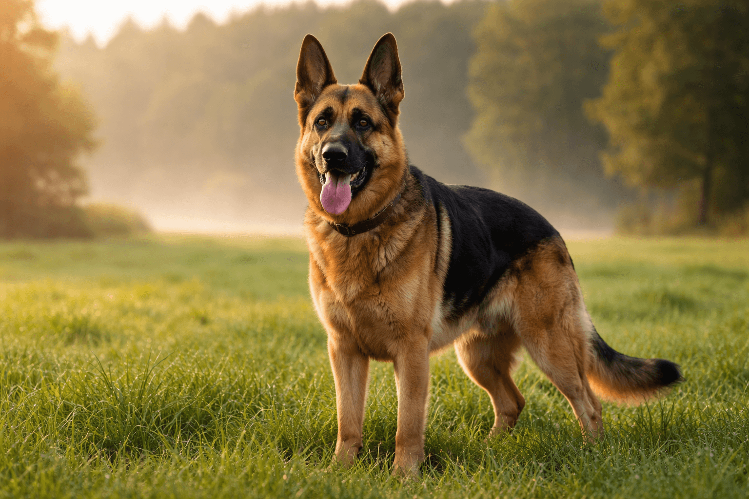 Schäferhund auf der Wiese und sieht in der Ferne den Reico Futtersack Schäferhund auf der Wiese und sieht in der Ferne den Reico Futtersack
